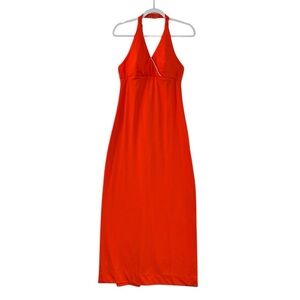 Vintage Jack Hartley Orange Halter Gown Long Dress Rhinestone Trim 1970s Glam